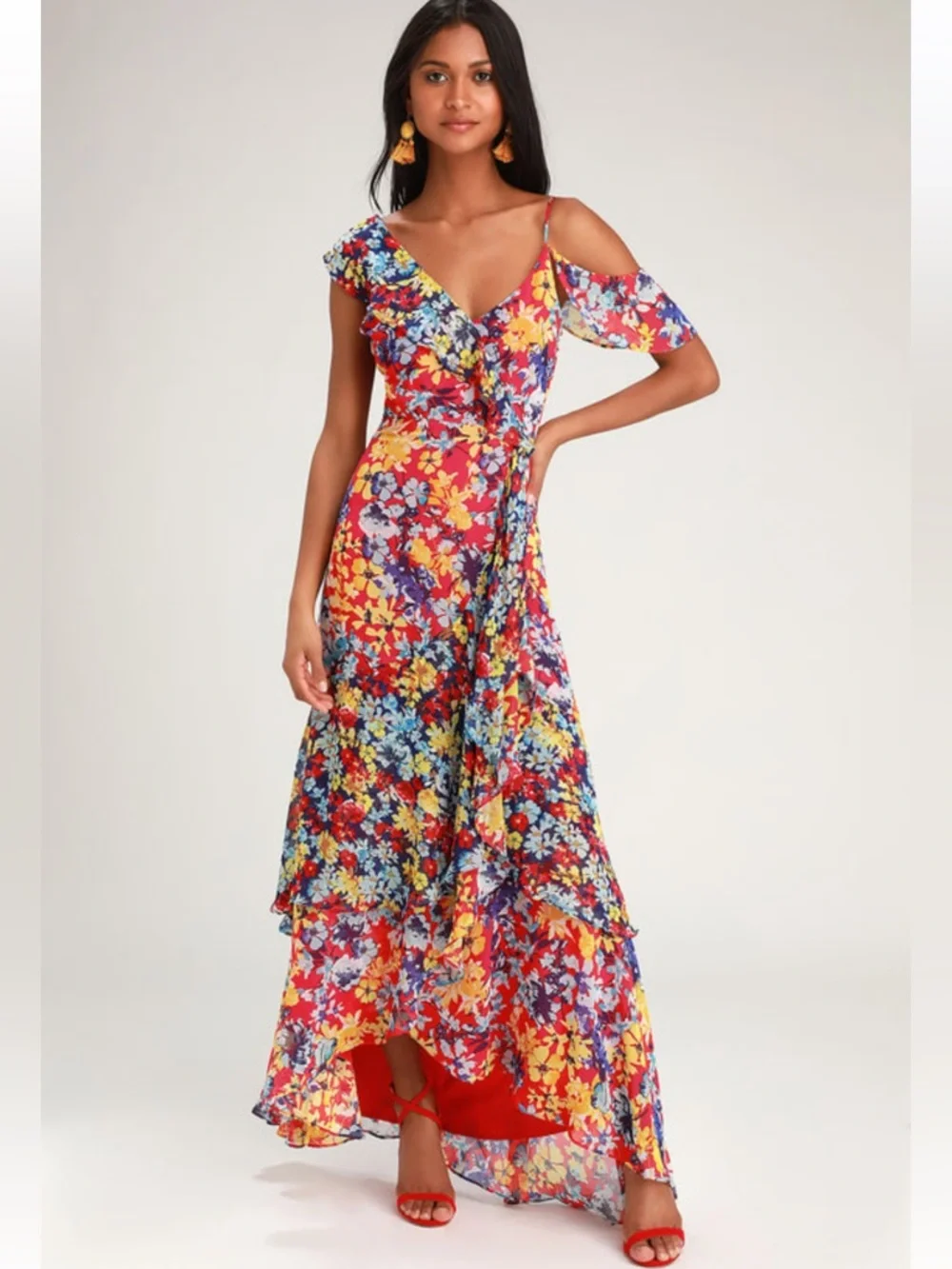 red floral cold shoulder dress White & Red Floral Dress - Cold Shoulder Mini Dress - Wrap Dress